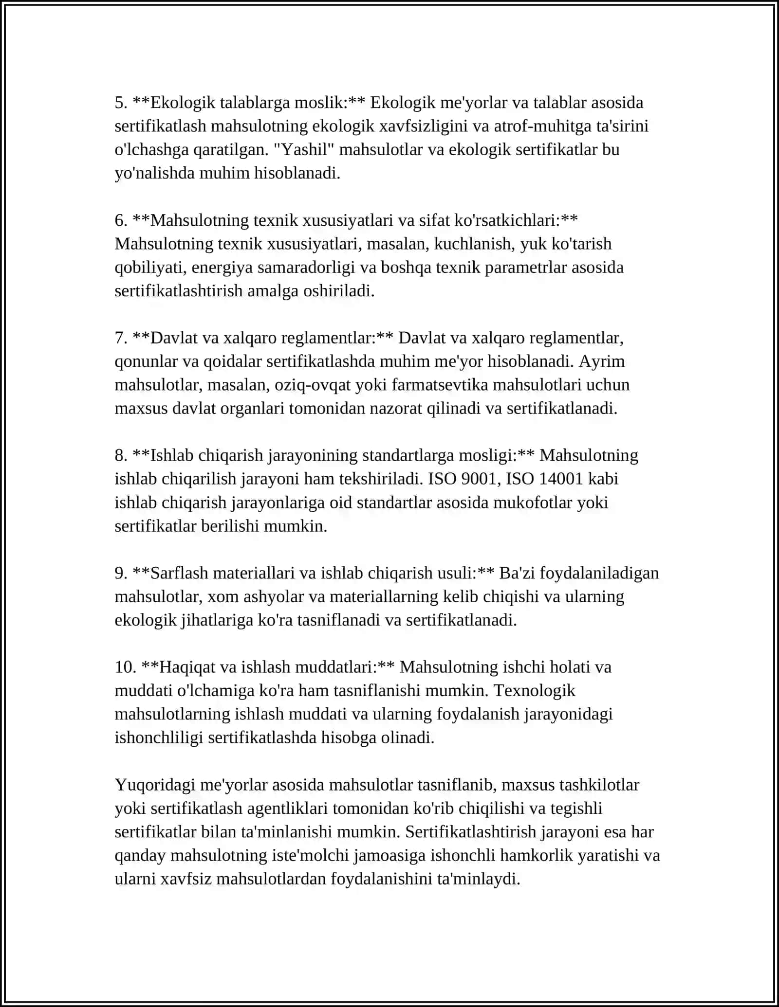 MAJBURIY TARTIBDA SERTIFIKATLANADIGAN BIR TURDAGI MAHSULOTLARNING ALOHIDA TURLARINI SERTIFIKATLASH QOIDALARI 4