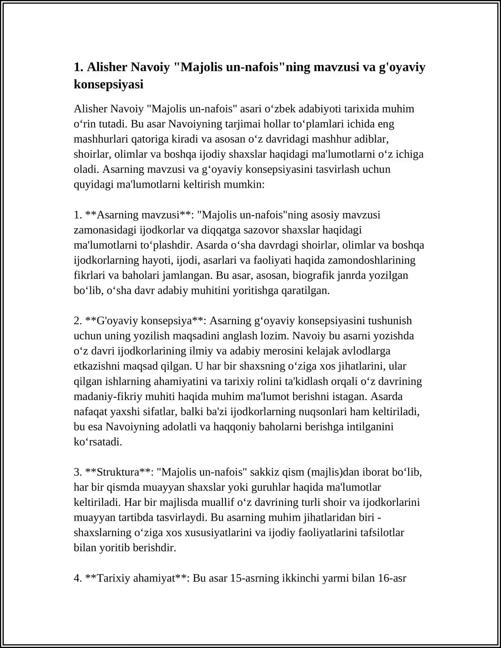 ALISHER NAVOIY "MAJOLIS UN-NAFOIS". ARISTOTEL "POETIKA". FITRAT "ADABIYOT QOIDALARI", "ARUZ HAQIDA". CHO'LPONNING ADABIY-ESTETIK QARASHLARI VA "ADABIYOT NADUR?" MAQOLASI MUTOALASI 4