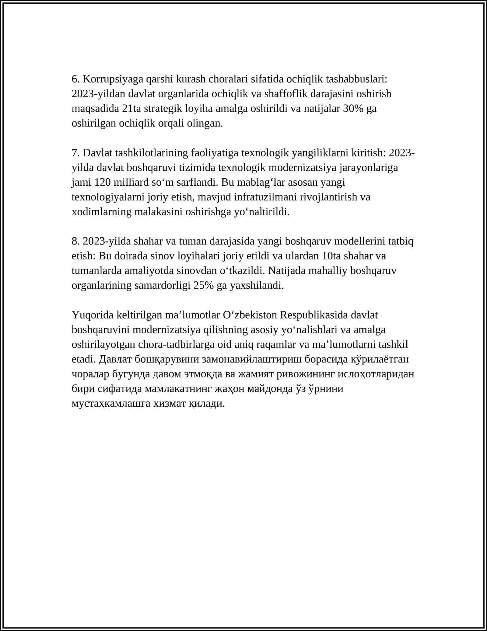 MUSTAQILLIK YILLARIDA DAVLAT BOSHQARUVI TIZIMIDA AMALGA OSHIRILGAN ISLOHOTLAR 4