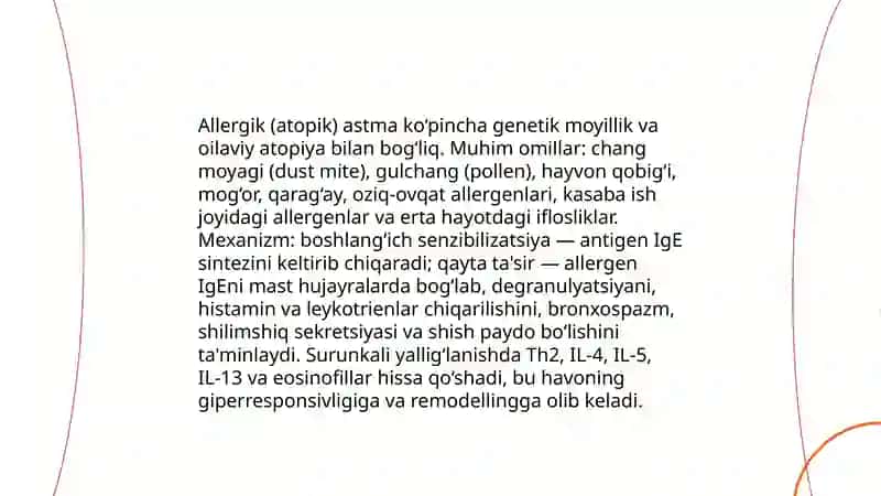 Bronxial astma kelib chiqish sabablari, etiologiyasi, obyektiv subyektiv tekshirish usullari 4