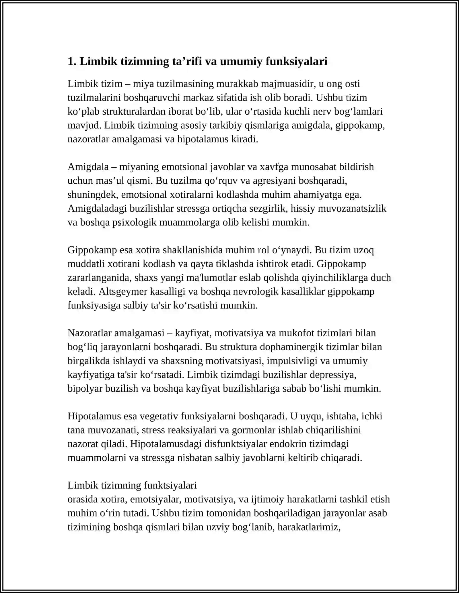 LIMBIK TIZIM: FUNKSIYASI,ASOSIY ANATOMIY XOSILALAR.KLINIK AHAMIYATI 4