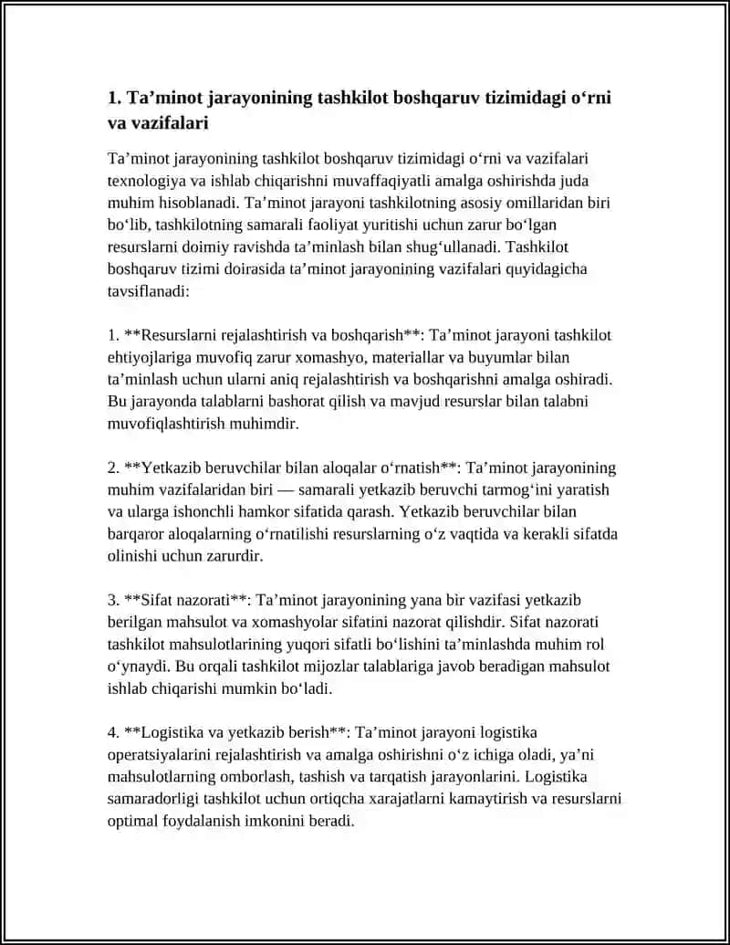 Ta’minot jarayonining tashkilot boshqaruv tizimidagi o'rni va vazifalari 4