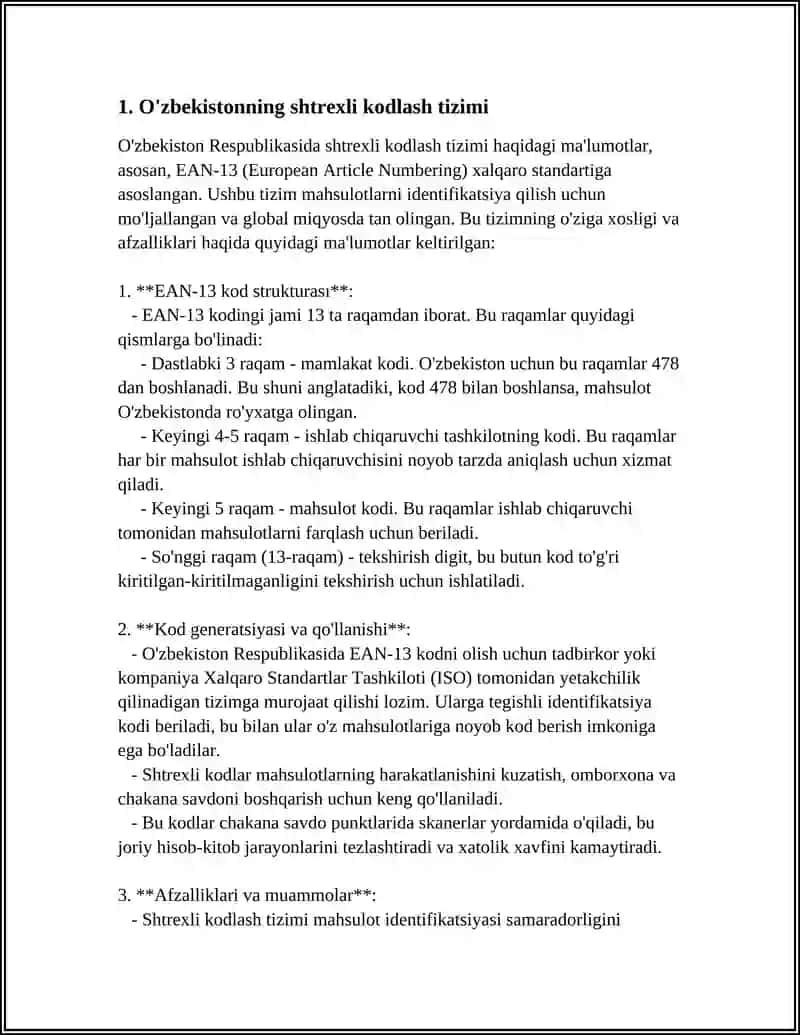 O'ZBEKISTON RESPUBLIKASI SHTREXLI KODLASH DAVLAT MUASSASASI 4