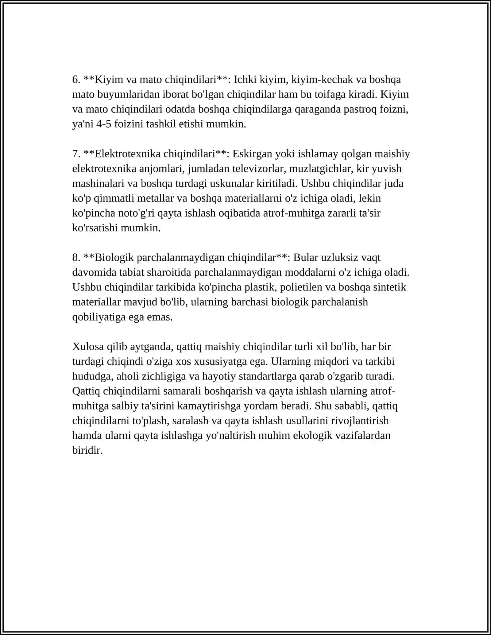 QATTIQ MAISHIY CHIQINDILAR,ULARNI QAYTA ISHLASH VA KOʻMISH MUAMMOLARI 4