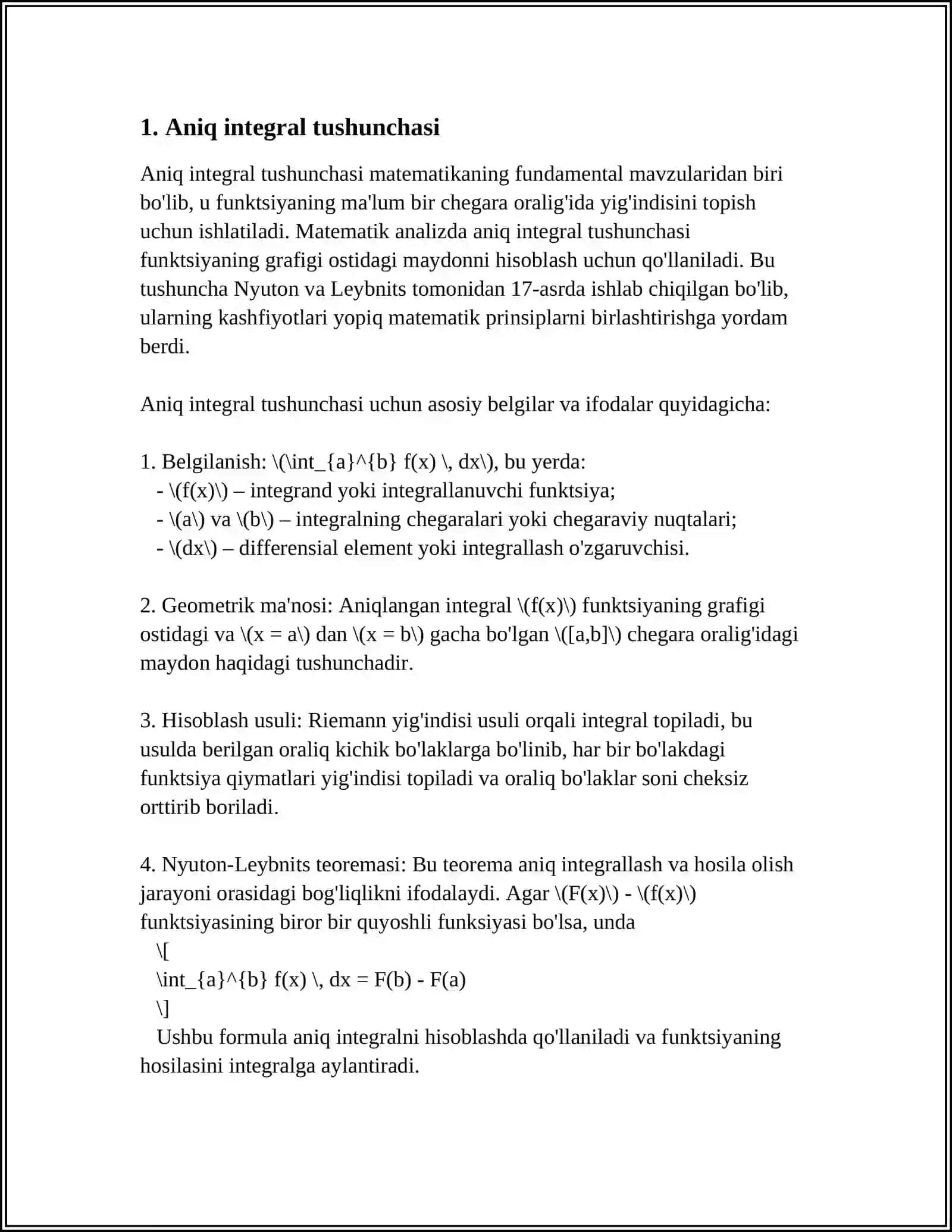 INTEGRALLASH USULLARI.ANIQ INTEGRAL TUSHUNCHASINI TADBIQ QILIB YECHILADIGAN MASALALAR.ANIQ INTEGRALNING TADBIQI 4