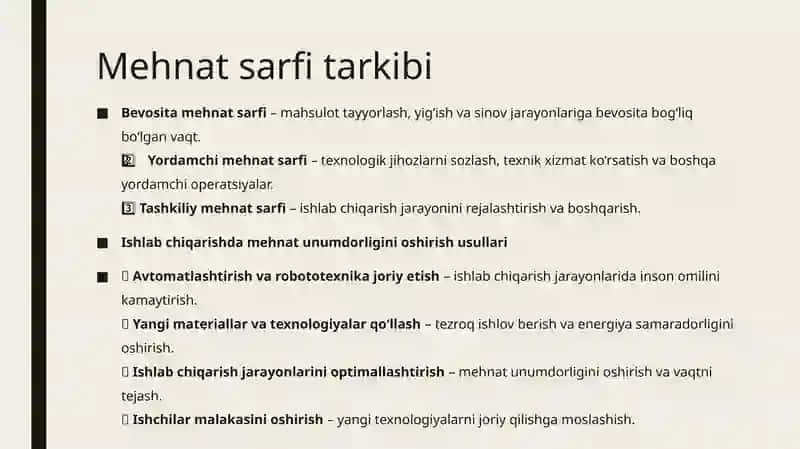 Buyum va konstruksiyaning texnologik komplekti. Ishlab chiqarishda mehnat sarfi 4