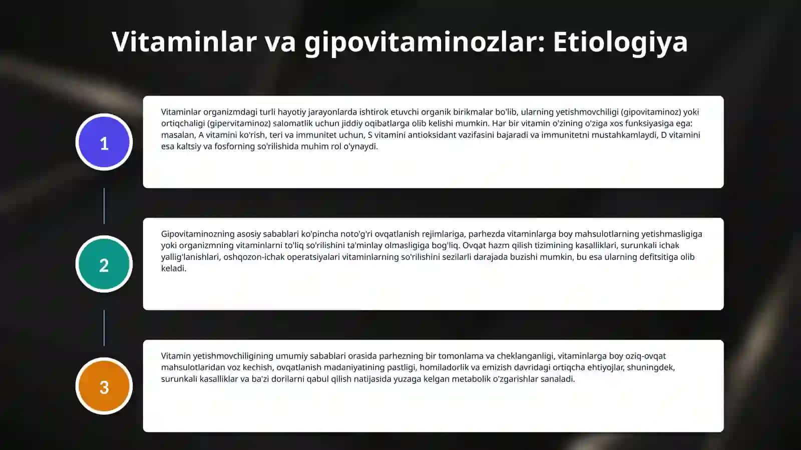 Avitaminov va gipovitaminozlar. Xirurgiyada gospital infeksiyani profilaktikasi. 4