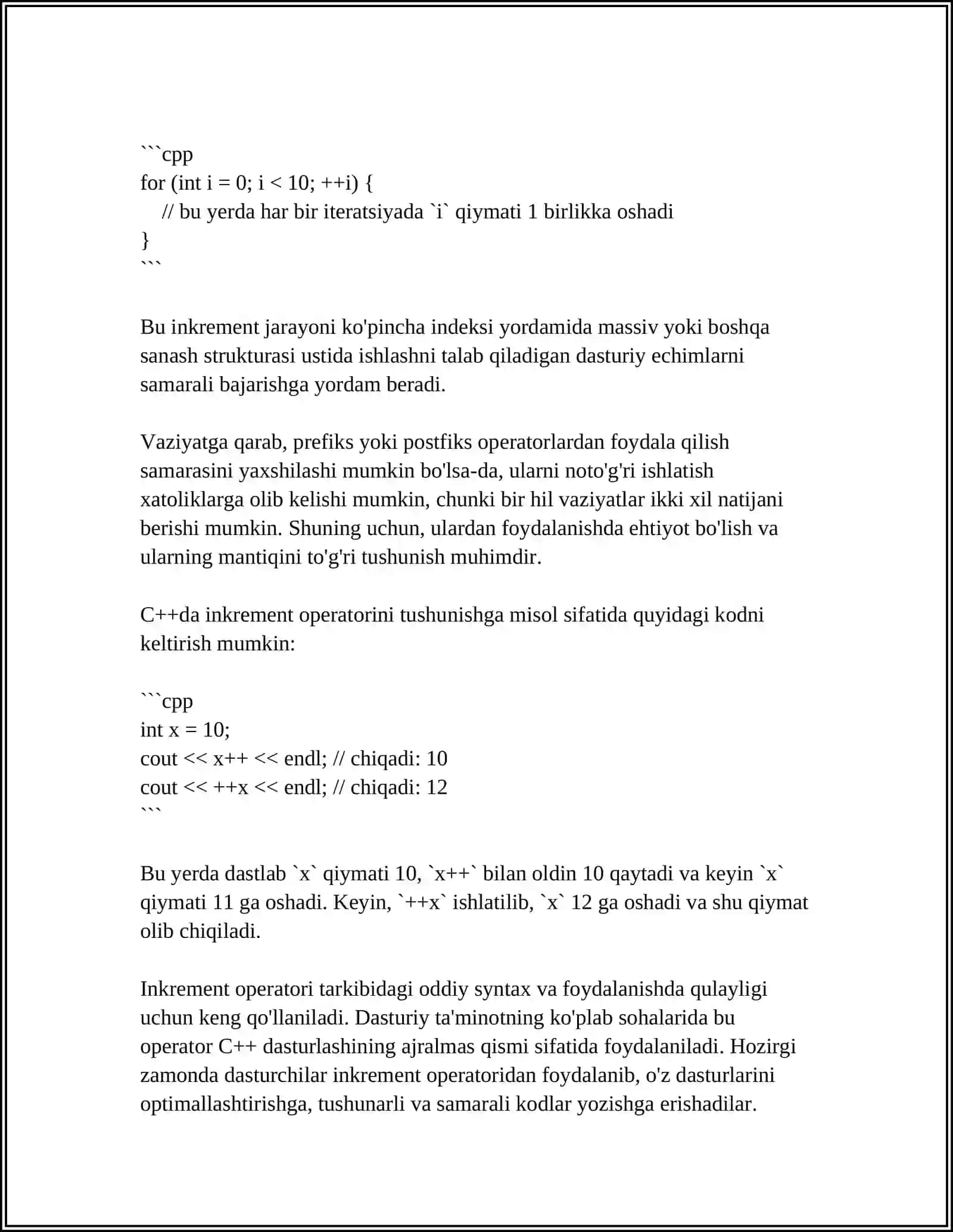 C++ TILIDA OPERATSIYALAR.INKEMENT VA DECREMENT AMALLARI MAVZUSI 4