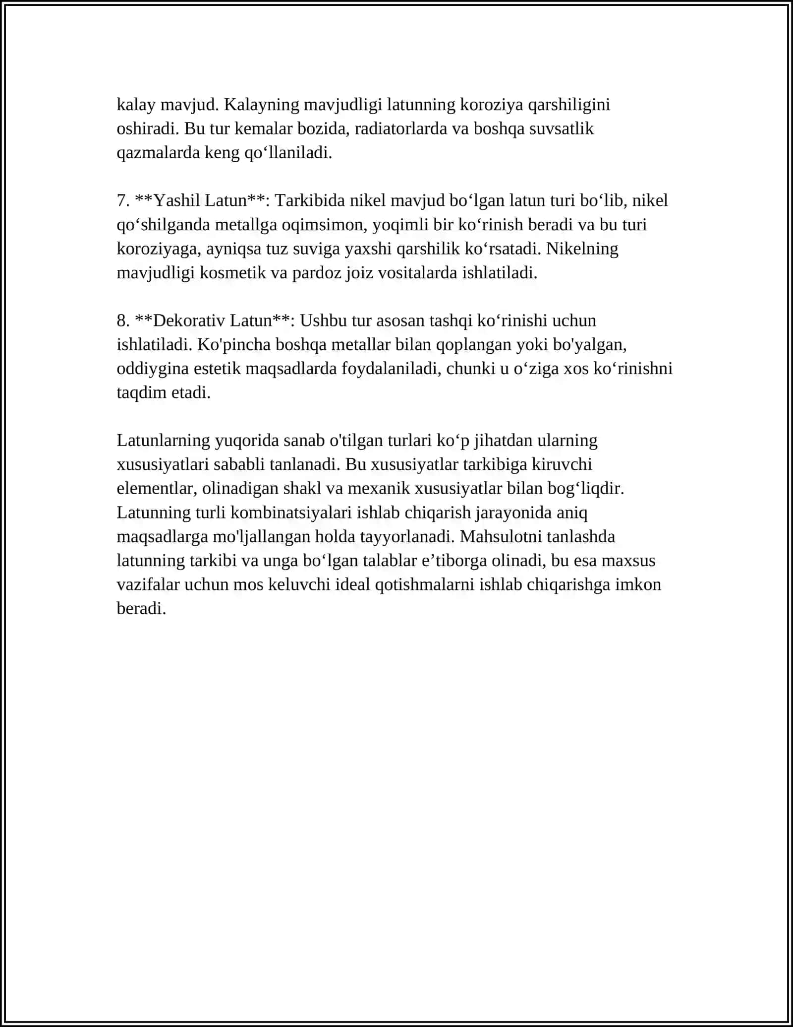 LATUNLAR KLASSIFIKATSIYASI, MARKALANISH HOSSALARI, BRONZA MARKALANISHI, ISHLATILISH HOSSALARI, DURALUMINY HOSSALARI 4