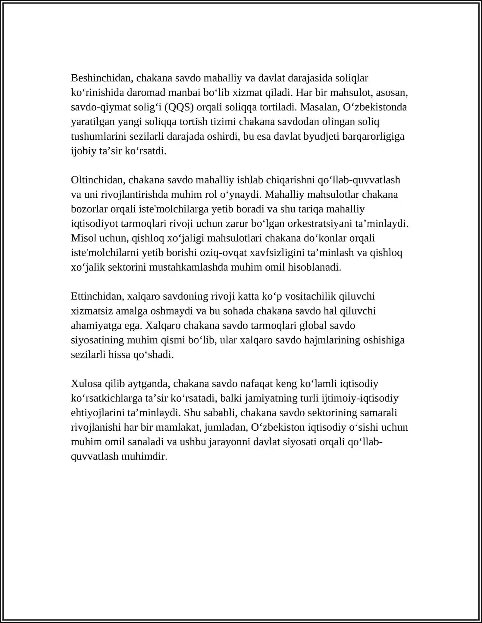 CHAKANA SAVDO, SAVDONING IQTISODIY O‘SISHGA, ISHLAB CHIQARISH VA ISTE’MOLGA TA’SIRI 4