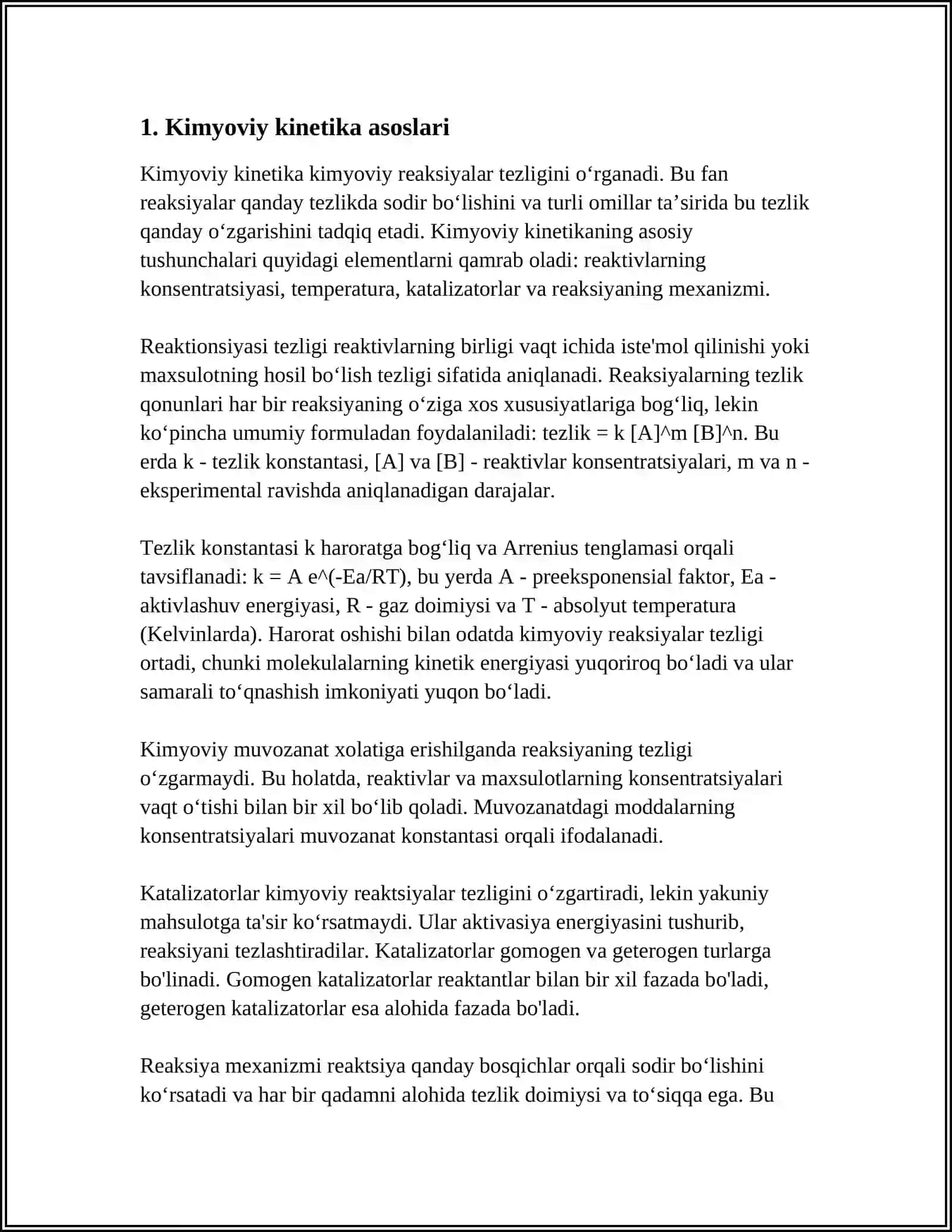 KIMYOVIY KINETIKA. GOMOGEN VA GETEROGEN SISTEMASIDAGI KIMYOVIY REAKSIYALARNING TEZLIGI VA UNGA TAʼSIR ETUVCHI OMILLAR. MASSALAR TAʼSIRI QONUNI. REAKSIYA TEZLIGIGA HARORATNI TAʼSIRI. VANT-GOFF QOIDASI 4