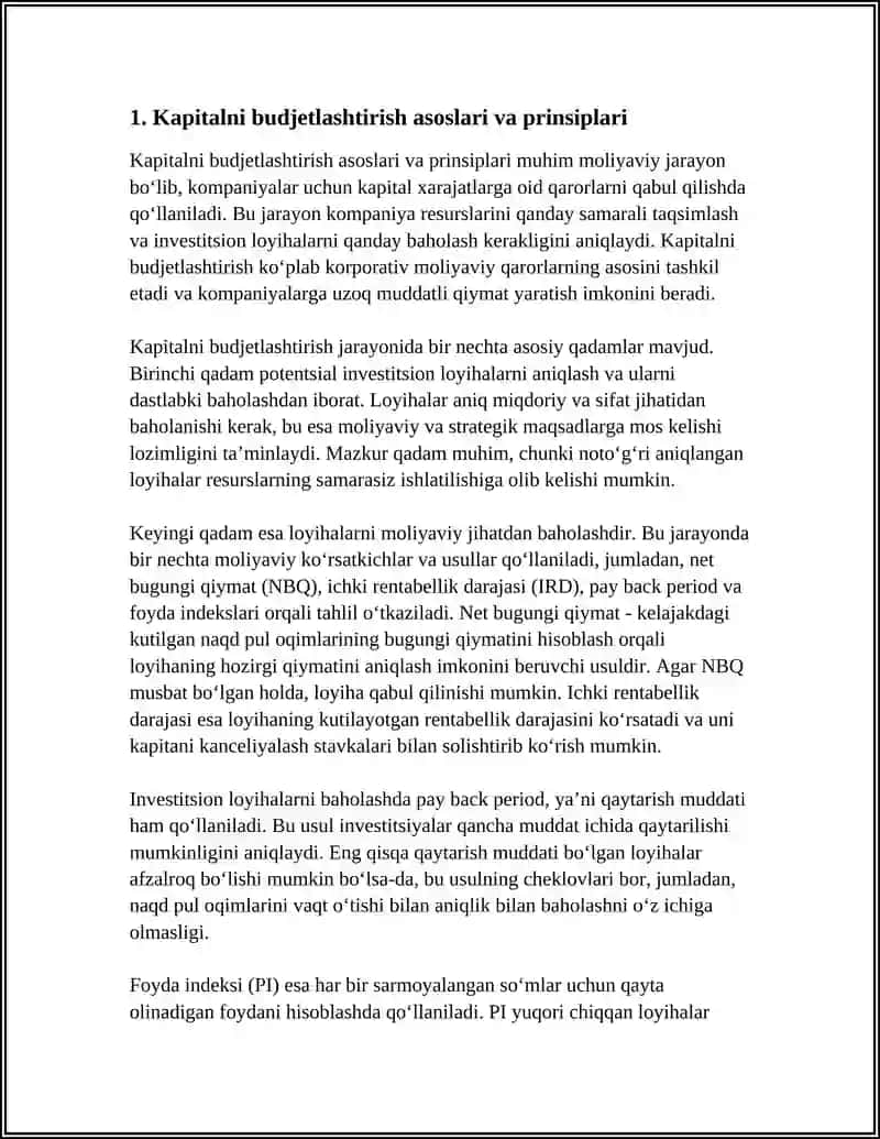Kapitalni Budjetlashtirish Tahlili va Investitsion Loyihalarni Baholash Usullari 4