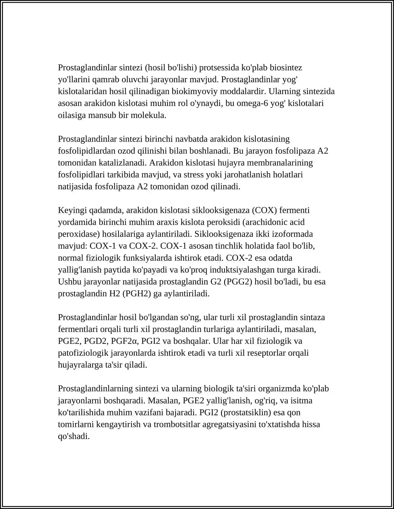 PROSTAGLANDINLAR VA BOSHQA EYKANOZOIDLAR, BIOKIMYOVIY TA'SIR MEXANIZMLARI 4