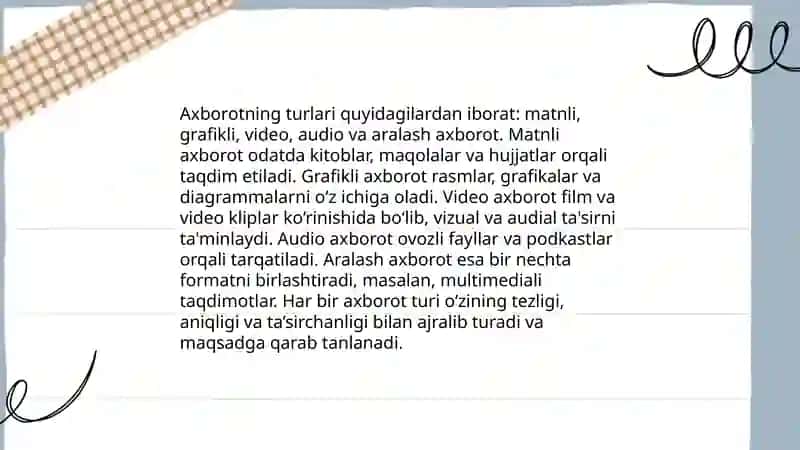 Axborot nazaryasi, axborot turlari xususiyatlari va olchov birliklari 4