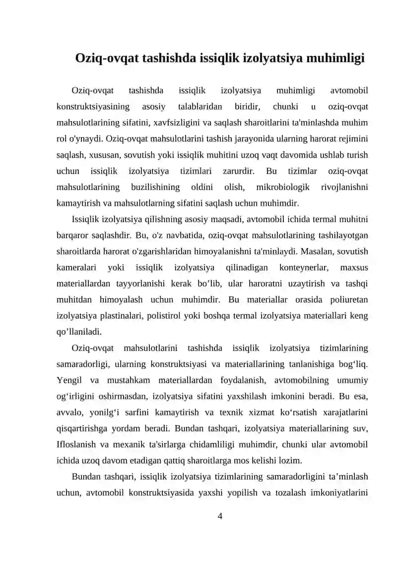Oziq-ovqat mahsulotlarini avtomobil konstruksiyasiga qo‘yiladigan talablar 4