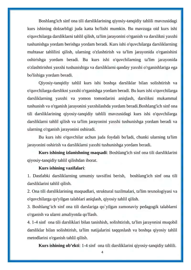 ONA TILI VA UNI O‘QITISH METODIKASI FANIDAN TAYYORLAGAN 4