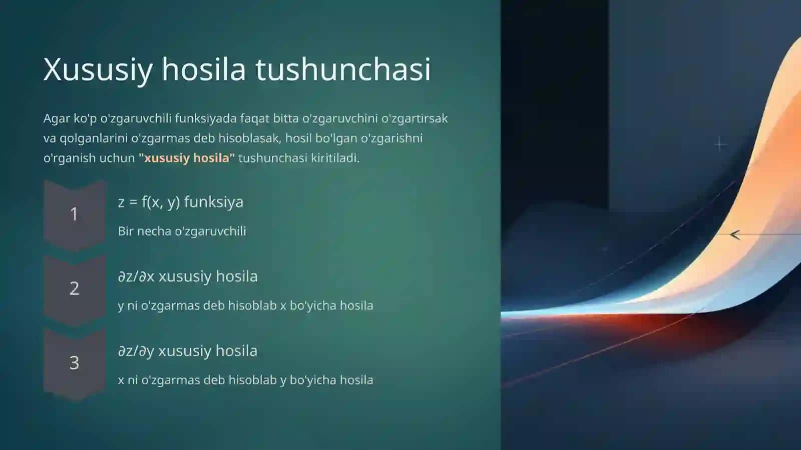 Ko'p o'zgaruvchili funksiyaning xususiy hosilalari 4