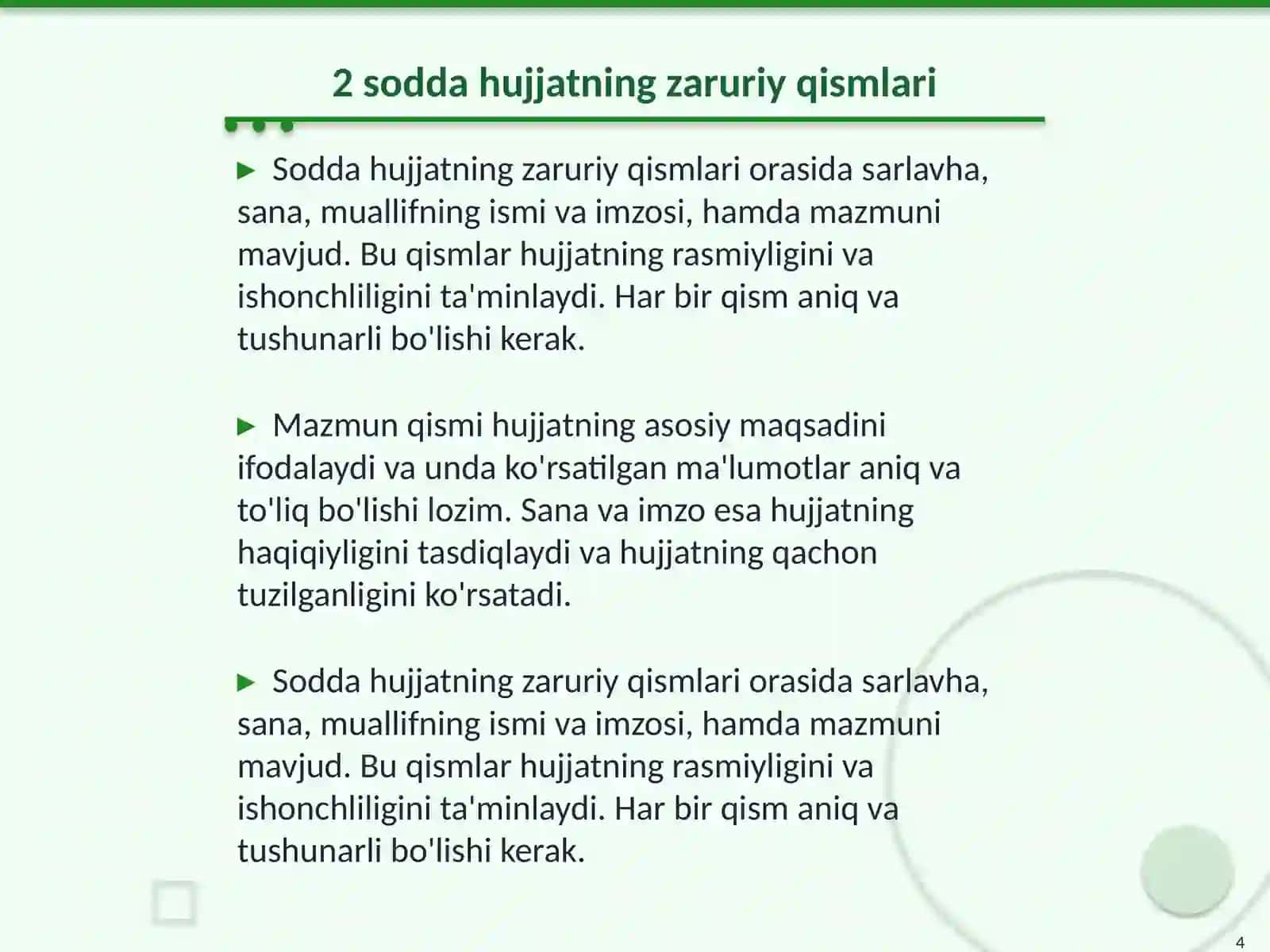 Sodda hujjat turlari va ularning zaruriy qismlari 4