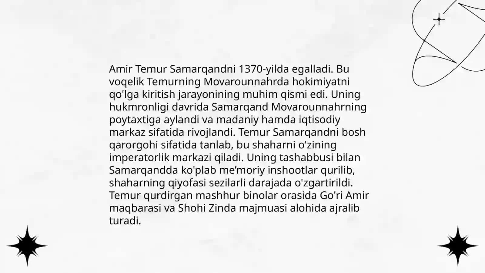 Amir temurning siyosiy va harbiy faoliyatining dastlabki davrida amalga oshirgan ishlari 4