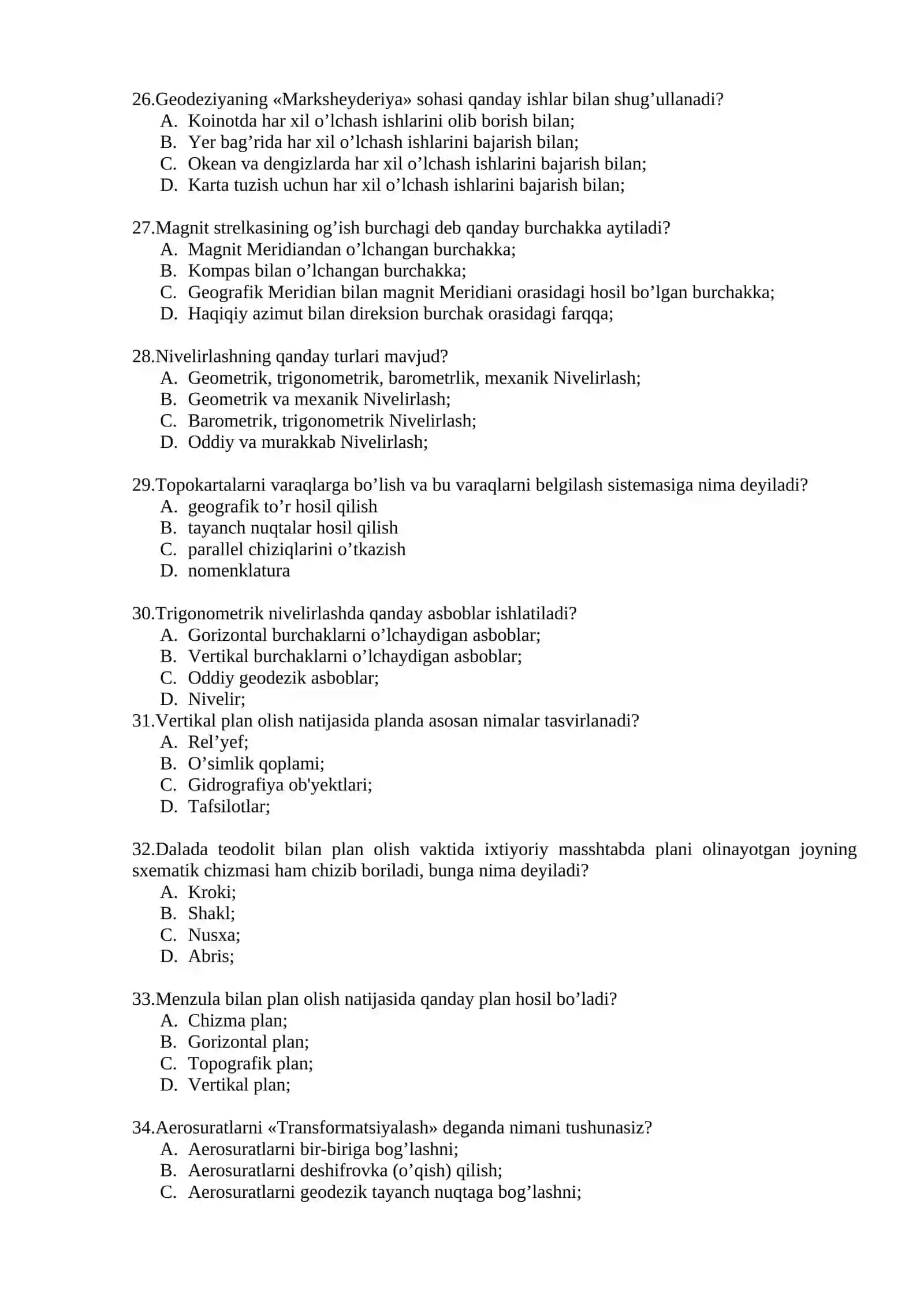 Topografiya, kartografiya va GIS fanidan test savollari 4