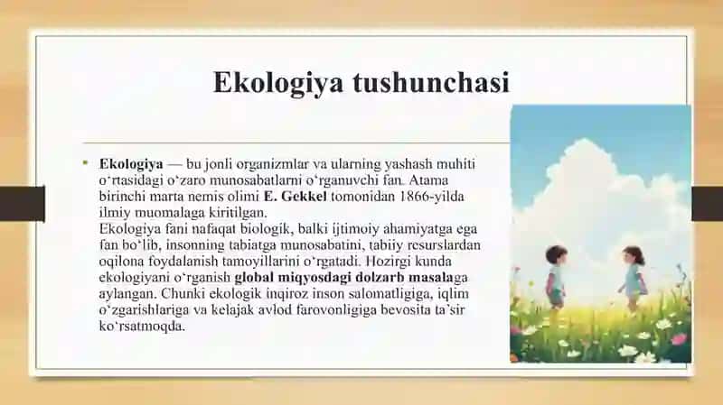 Ekologiya tushunchasi. Ekologik taʼlim berish davlat standartlari. Uzluksiz taʼlimda ekologik taʼlim konsepsiyasi. Maktabgacha yoshdagi bolalarni tabiat bilan tanishtirish yuzasidan davlat talablari."Avesto" da tabiatni asrash haqida fikr va mulohazalar. "Hadis" da tabiatga oid bandlar 4
