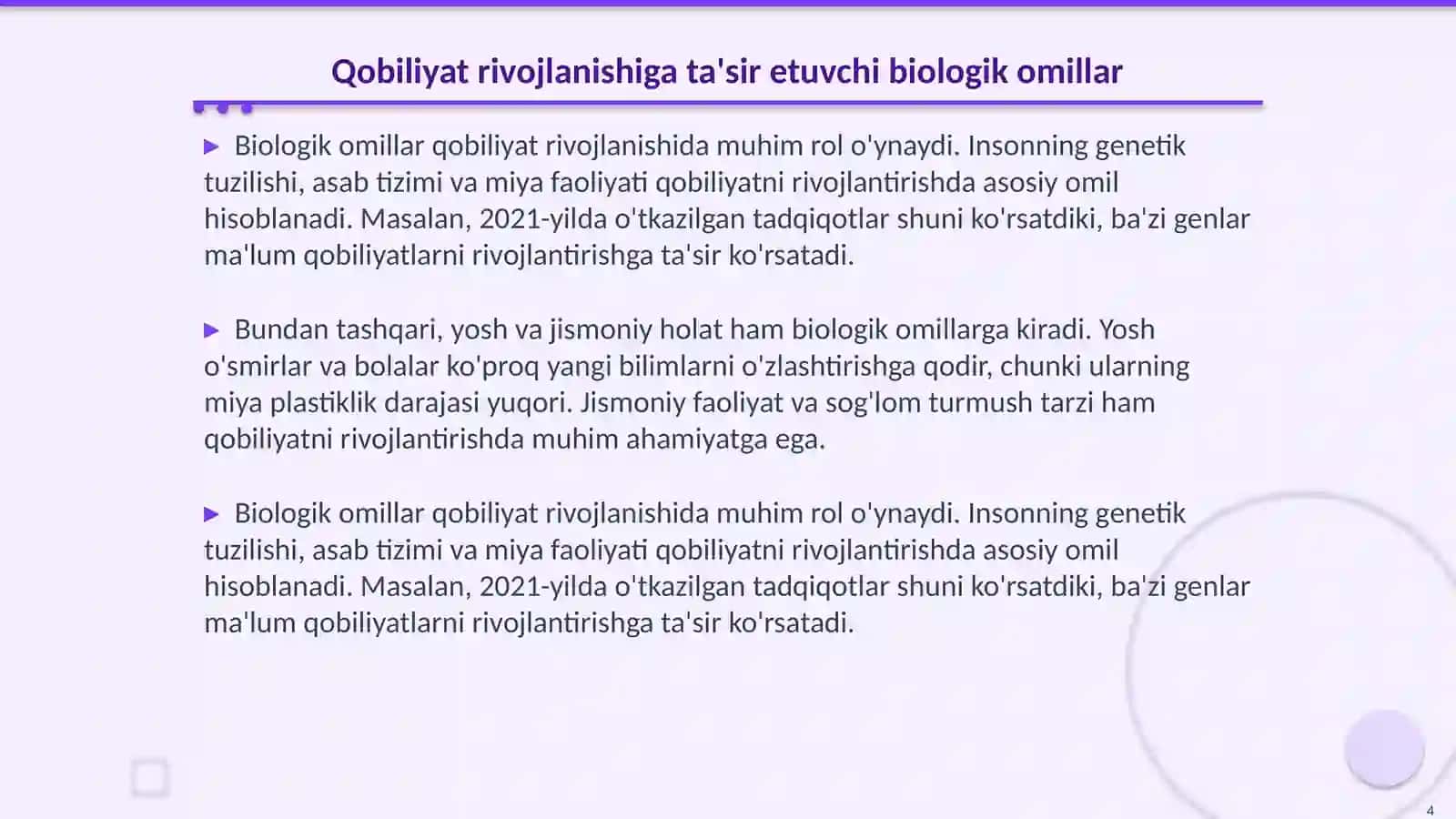 Qobiliyat rivojlanishiga ta'sir qiluvchi omillar. Xotira: ma'lumotlarni mustahkamlash yo'llari, usullari, vositalari 4