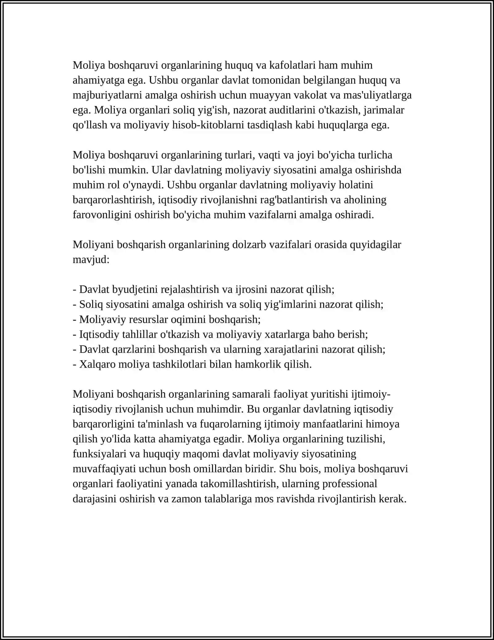 MOLIYANI BOSHQARISH ORGANLARI, ULARNING ASOSIY VAZIFALARI, HUQUQ VA KAFILLIKLARI 4