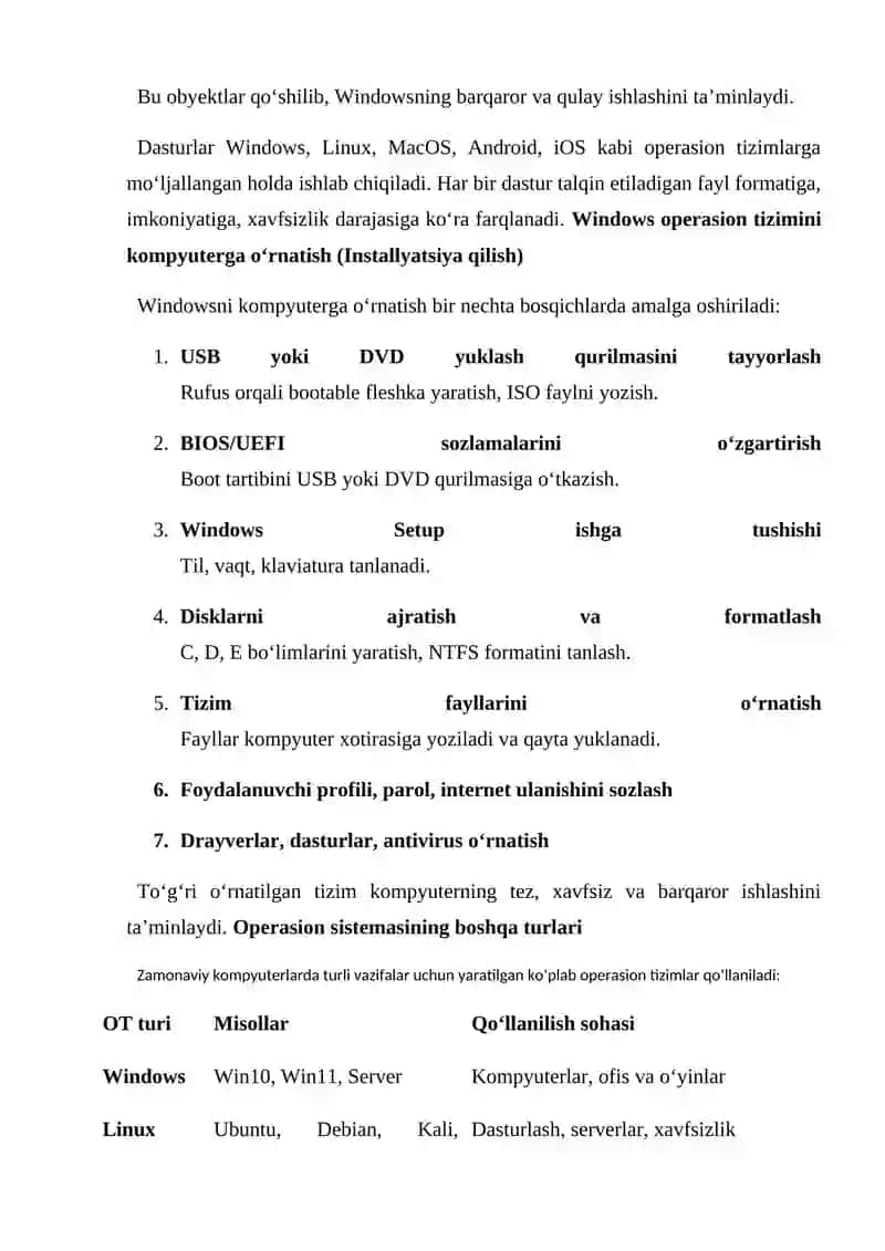 Dastur turlari.Windows OT obyektlari.Windows operasion tizimni kompyuterga oʻrnatish(Instalizatsiya qilish). Operasion sistemaning boshqa turlari 4