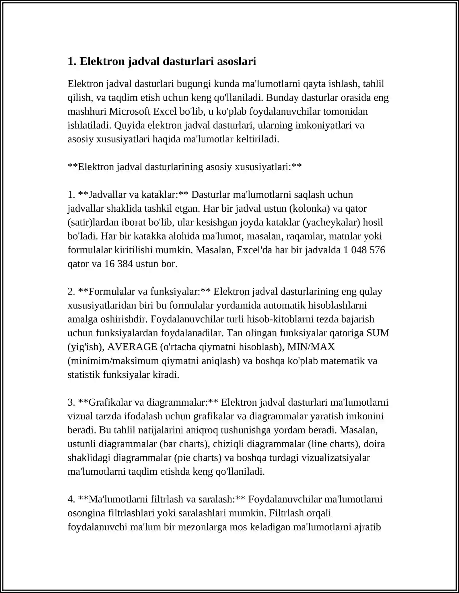 SPREADSHEET DASTURIY TAʼMINOTIDA MAʼLUMOTLAR BAZASI TAYYORLASH VA UNGA AVTOMATIK FILTIRLARNI O'RNATISH 4