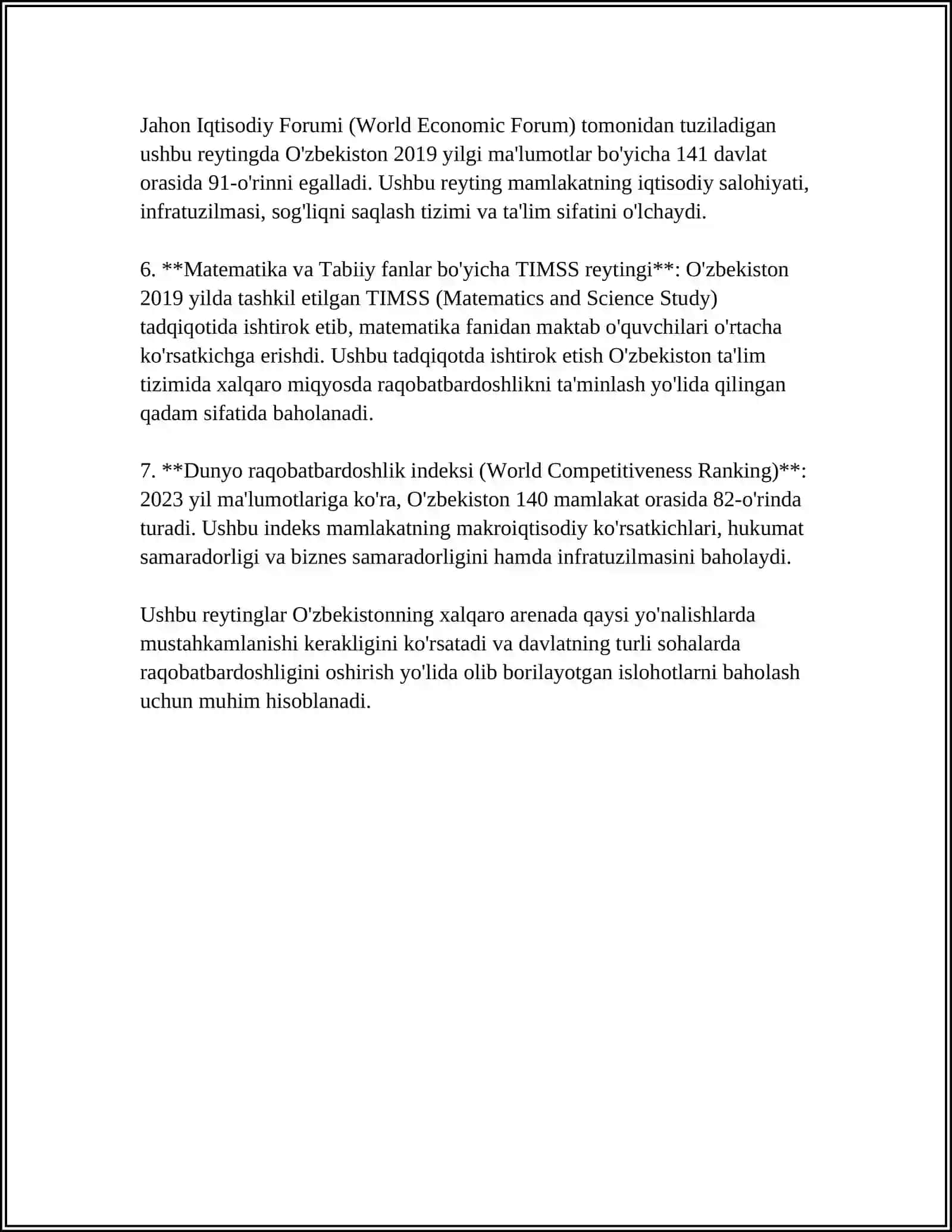 O’ZBEKISTONNI HALQARO REYTINGLARDAGI KO’RSATGICHLARINI KO’TARISHNING TARIXIY VA SIYOSIY AHAMIYATI 4