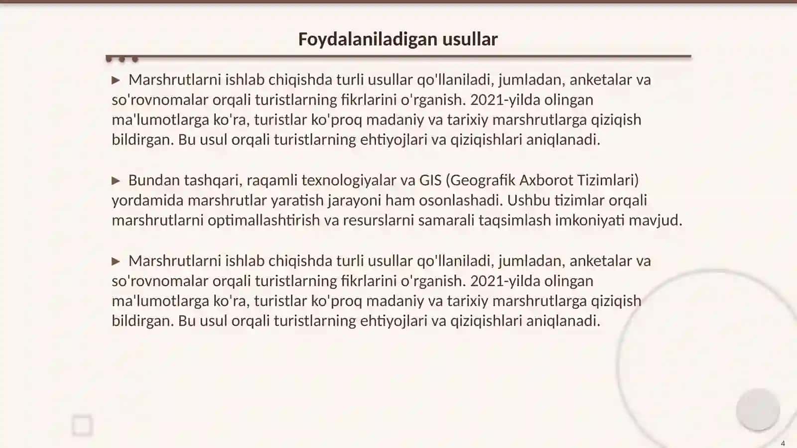 Turistik marshrutlarni ishlab chiqish usullari va tamoyillarini tahlil qilish 4
