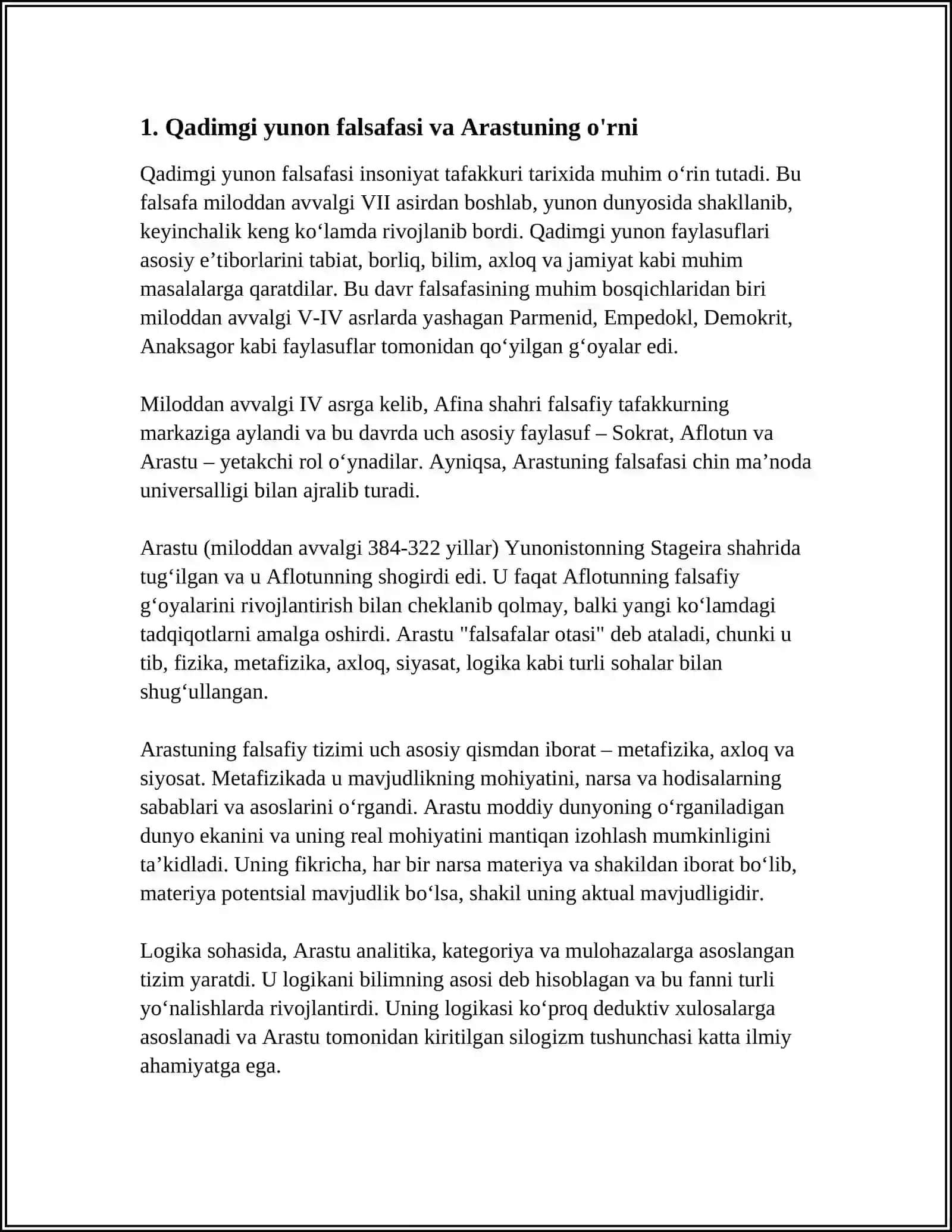 QADIMGI YUNON FALSAFASI. ARASTUNING FALSAFIY QARASHLARI 4