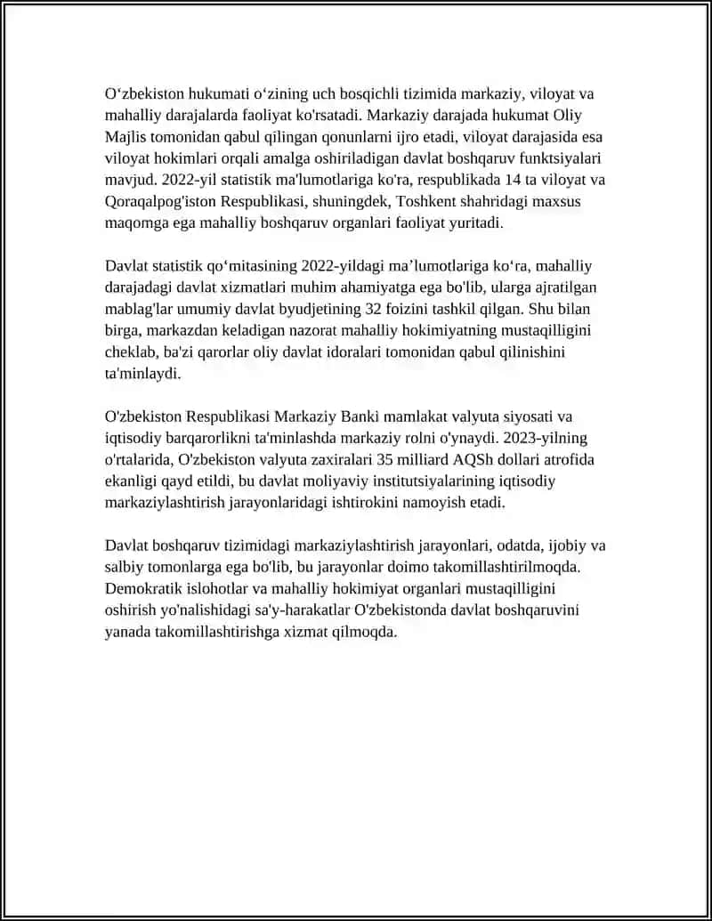 REFERAT Mavzu: MUSTAQILLIK YILLARIDA DAVLAT BOSHQARUV TIZIMIDA AMALGA OSHIRILGAN ISLOHOTLAR 4