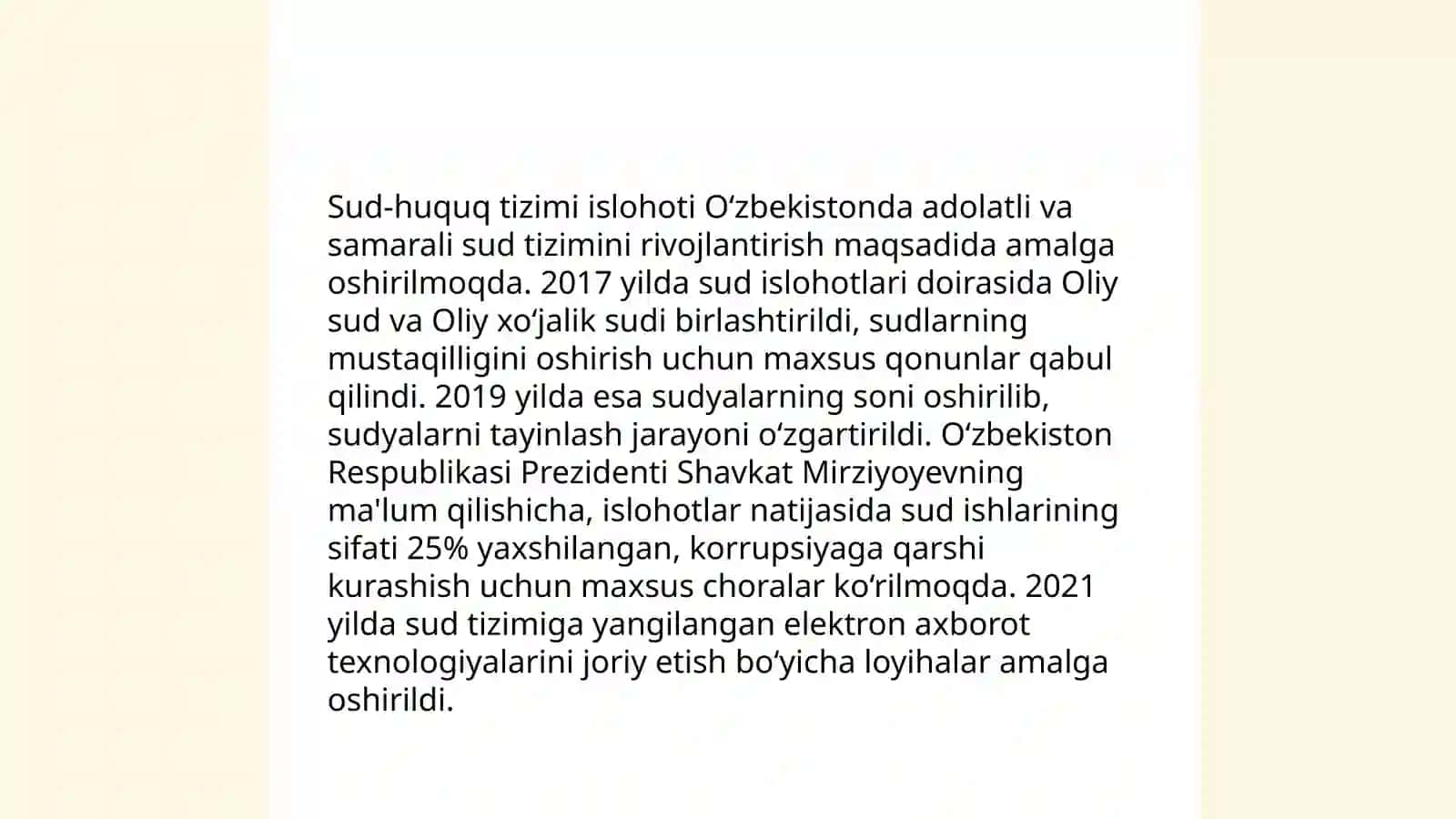 Yangi Oʻzbekiston Prezidenti Shavkat Mirziyoyev amalga oshirilayotgan islohotlar 4