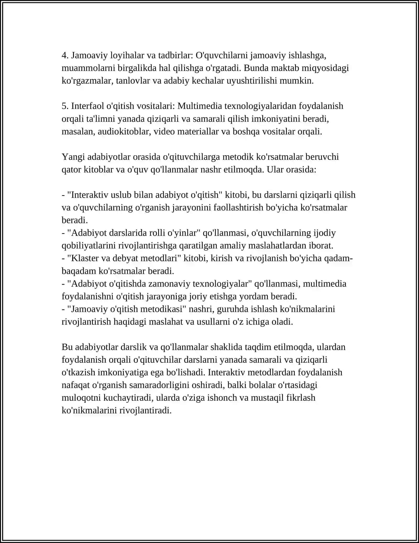 ADABIYOT O'QITISH METODIKASIGA OID YANGI ADABIYOTLARNING OBZORINI TUZISH 4