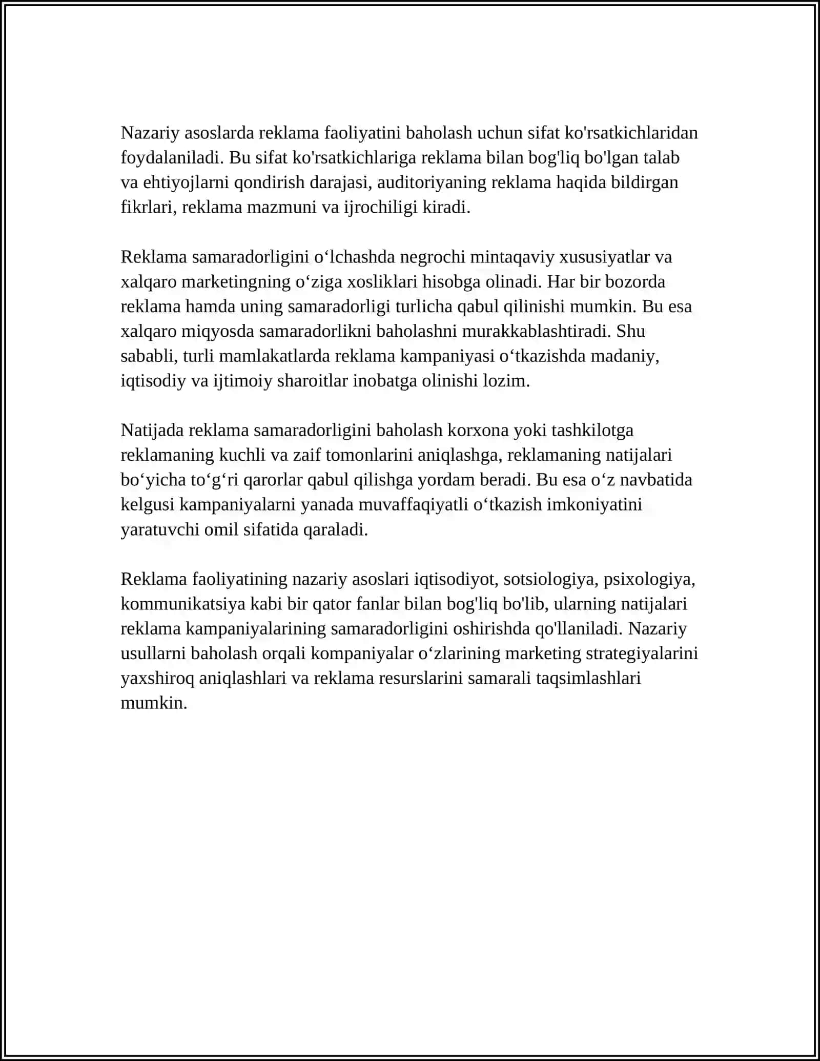 REKLAMA FAOLIYATI SAMARADORLIGINI BAHOLASH. XALQARO REKLAMA 4