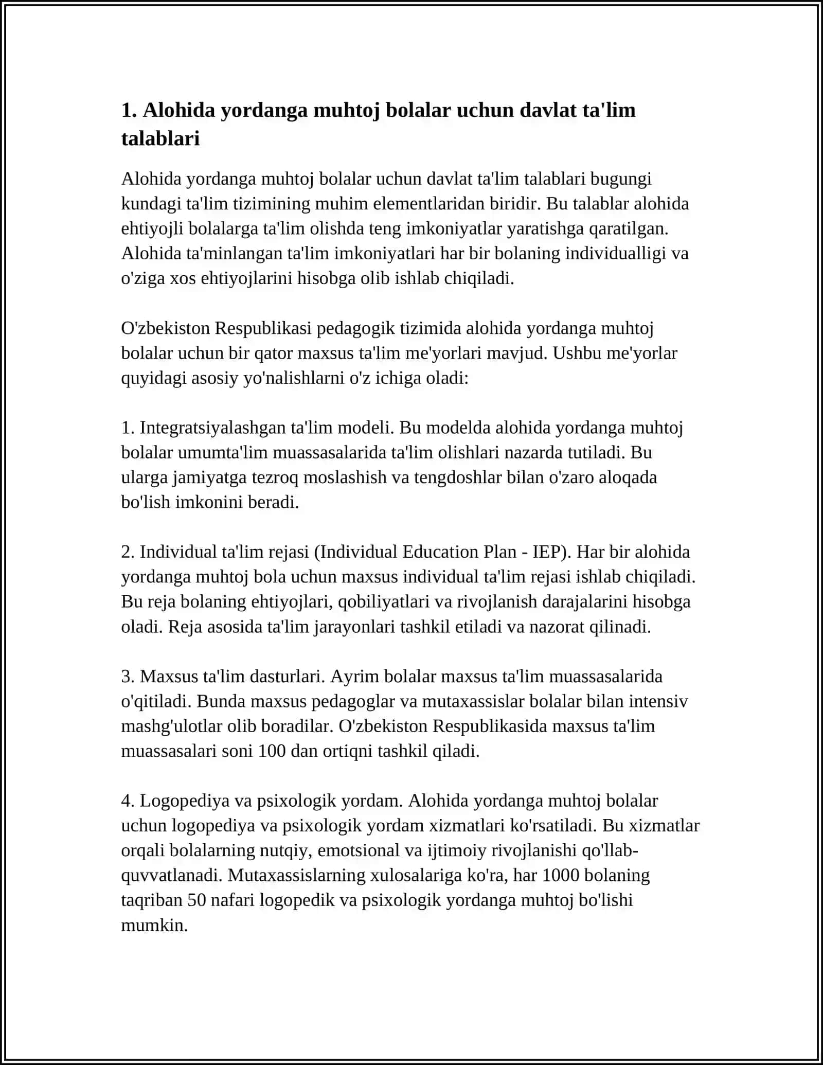 ALOHIDA YORDAMGA MUHTOJ BOLALAR MAKTABINING BOSHLANĞICH SINFLARI UCHUN DAVLAT TA'LIM TALABLARI VA OMMAVIY MAKTAB BOLALAR MAKTABINING BOSHLANĜICH SINFLARI UCHUN DAVLAT TA'LIM TALABLARINI QIYOSIY ÕRGANISH 4