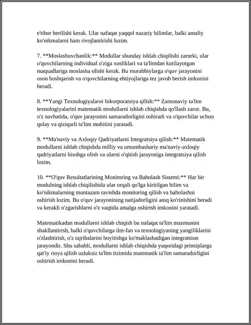 UZLUKSIZ TA'LIM TIZIMIDA MATEMATIKADAN MÒD, OʻQUV REJA VA DASTURLARNI OʻRGANISH,TAHLIL QILISH, UZVIYLIK VA IZCHILLILIGINI TA'MINLASH MASALALARI 4