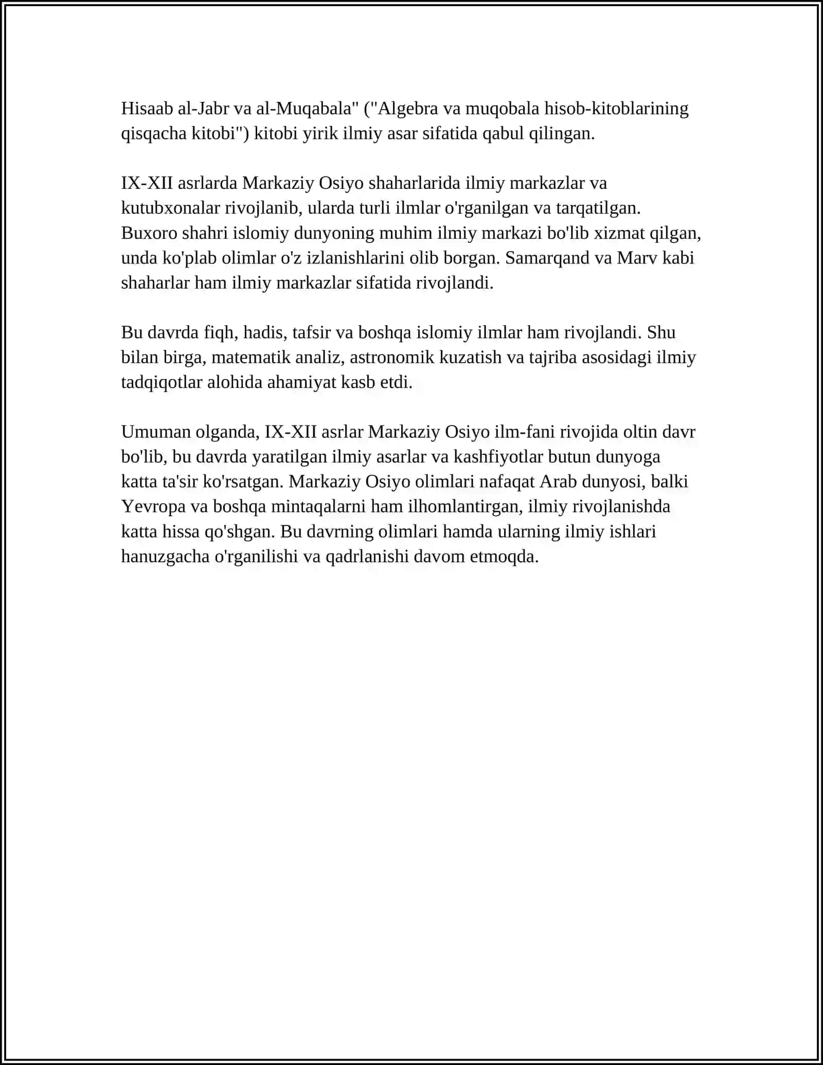 IX-XII ASRDA MAMLAKATIMIZ TERITORIYASIDA YUZ BERGAN MADANIY UYG'ONISH (RENESSANS) ULUG' ULOMOLARIMIZNING DUNYO CIVILIZACIYASIGA QO'SHGAN ULUSHI 4