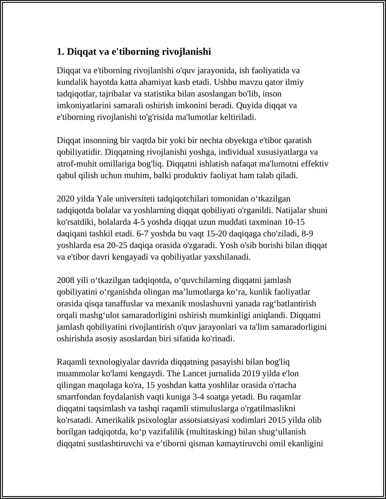 BOLANI TEKSHIRISH BAYONNOMASI ASOSIDA UNING DIQQAT, IDROK, XOTIRA, TAFAKKUR VA NUTQINING XUSUSIYATLARINI TAHLIL QILISH 4