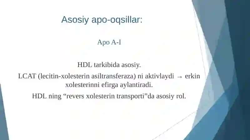 Biokimyo - Xolesterin tashilishida APO-oqsillari, yog' bosishi. Sfingolipidozlar 4