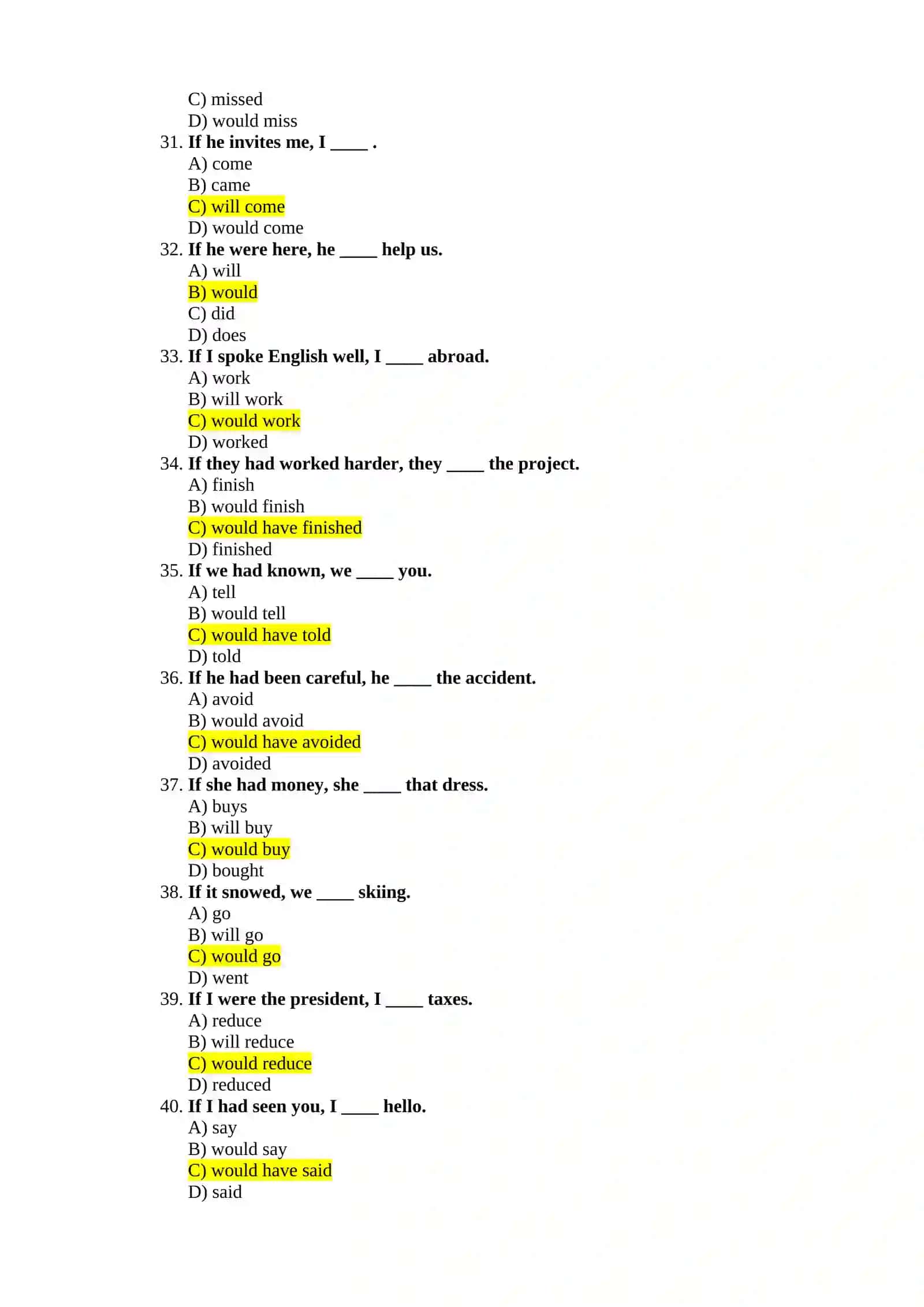 100 ta attetstatsiyaga tayyorlanish uchun Conditionals mavzusi yuzasidan tuzilgan testlar 4