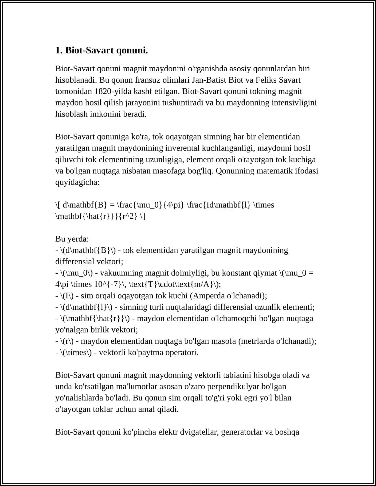 BIO-SAVAR-LAPLAS QONUNI.HARAKATLANUVCHI ZARYADNING MAGNIT MAYDONI 4