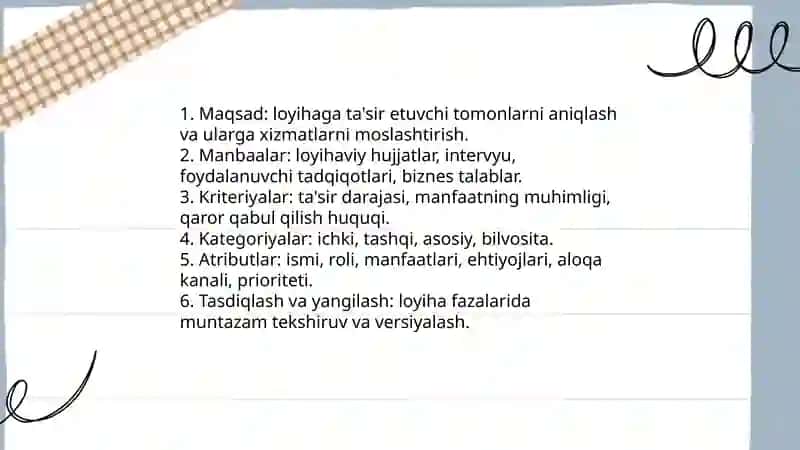 Dasturiy ta'minotni Manfaatdor tomonlar aniqlash va tahlil qilish usullari 4
