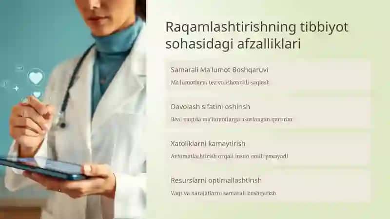 Tibbiyotni raqamlashtirish. Zamonaviy qo'llanilishi. Axborot texnologiyalarining tibbiyotda kommunikatsion texnologiyalarini ta'lim sohasi, ishlab chiqarish va tibbiyotda tadbiq etish 4