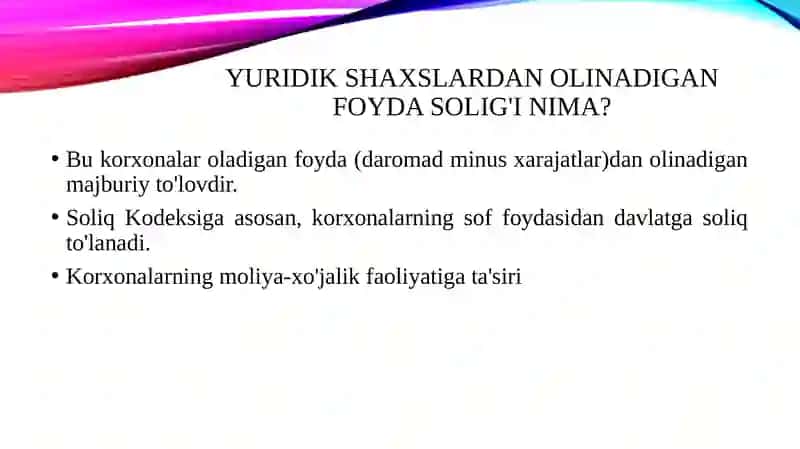 Yuridik shaxslardan olnadigan foyda solig'i va uning korxonalar moliya-xo'jalik faoliyatiga ta'siri 4