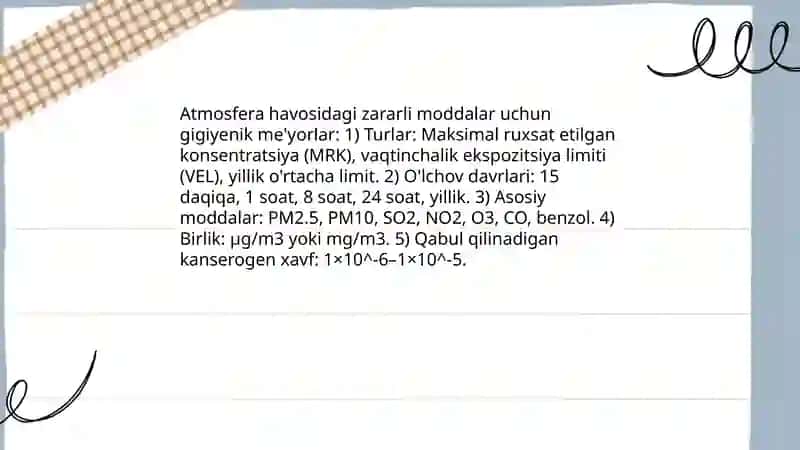 Atmosfera havosi, suv, tuproqning nomuvofiq omillarini gigiyenik reglamentlashga bo’lgan umumiy yondoshishlar 4