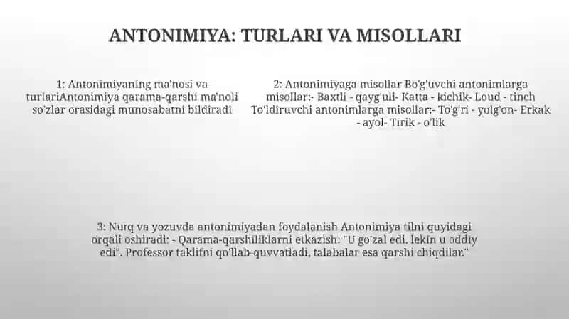 Sinonimiya Antonimiya Va Omonimiya Va Ularni Gaplarda Qo'Llash 4