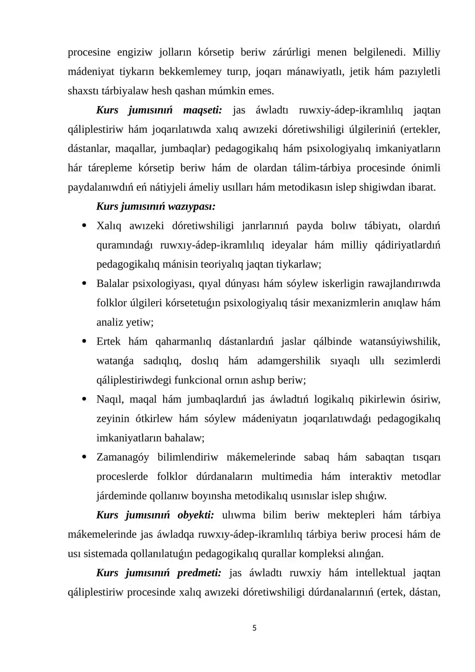 Jas áwlád mánáwiy tárbiyasında xalıq awızsha dόretpeleri dúrdanalarınıń ornı 4