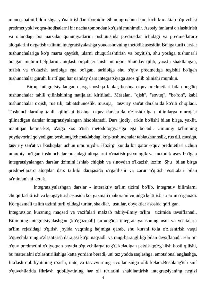 MATEMATIKA VA TABIAT TA'LIM SOHALARINI INTEGRATSIYALASHNING PEDAGOGIK SHART-SHAROITLARI.KURS ISHI 4